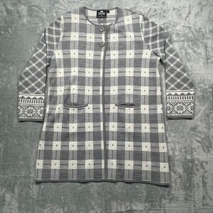 Norlender Long Cardigan Sweater Womens Grey Plaid Fair Isle Wool Blend Norway L